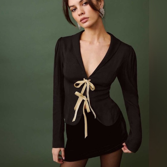 Reformation Tops - Reformation 8 NEW Carolyn Top Black Ribbon Tie Front Coquette Whimsigoth